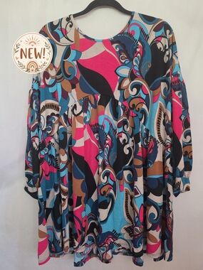 Vibrant Floral Swirl Tunic Top - Hot Pink, Blue, Beige